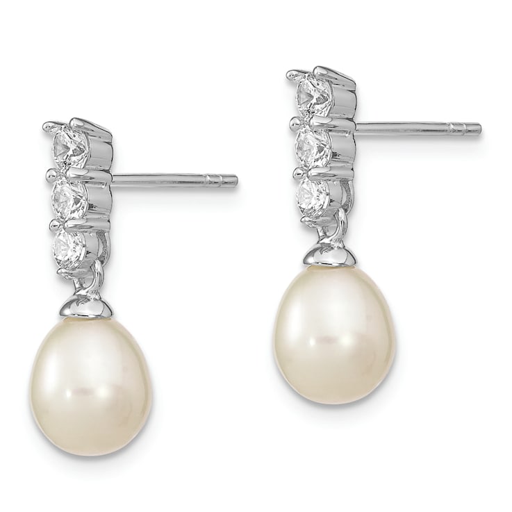 Rhodium Over Sterling Silver 7-8mm White Freshwater Cultured Pearl Cubic
Zirconia Post Earrings