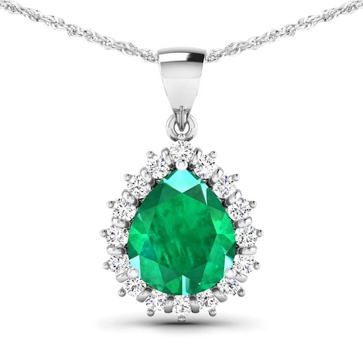 Green Zambian Emerald andWhite Diamond 14K White Gold Pendant with 18
inch Cable Chain 2.85ctw