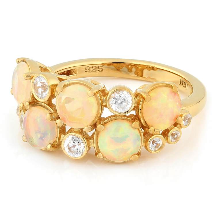 Multi-Color Opal And White Zircon Ring In 18K Gold Over Sterling Silver 1.21ctw
