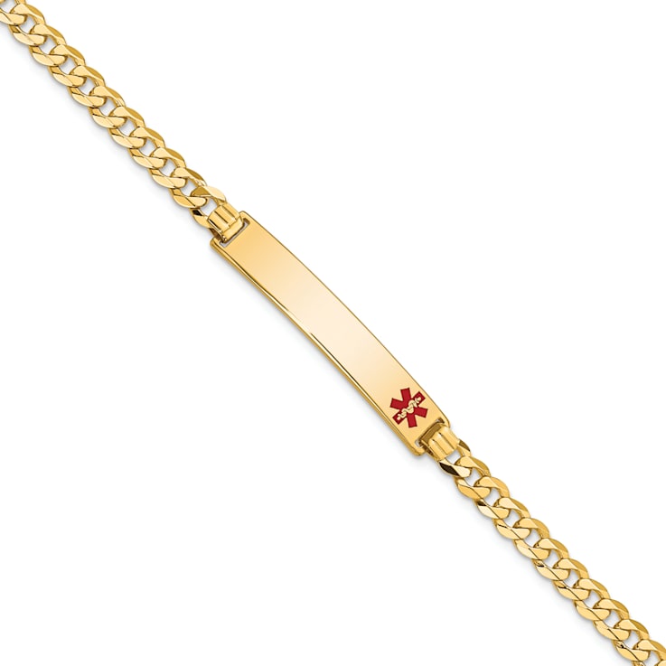 14k Yellow Gold Medical Red Enamel Flat Curb Link ID Bracelet