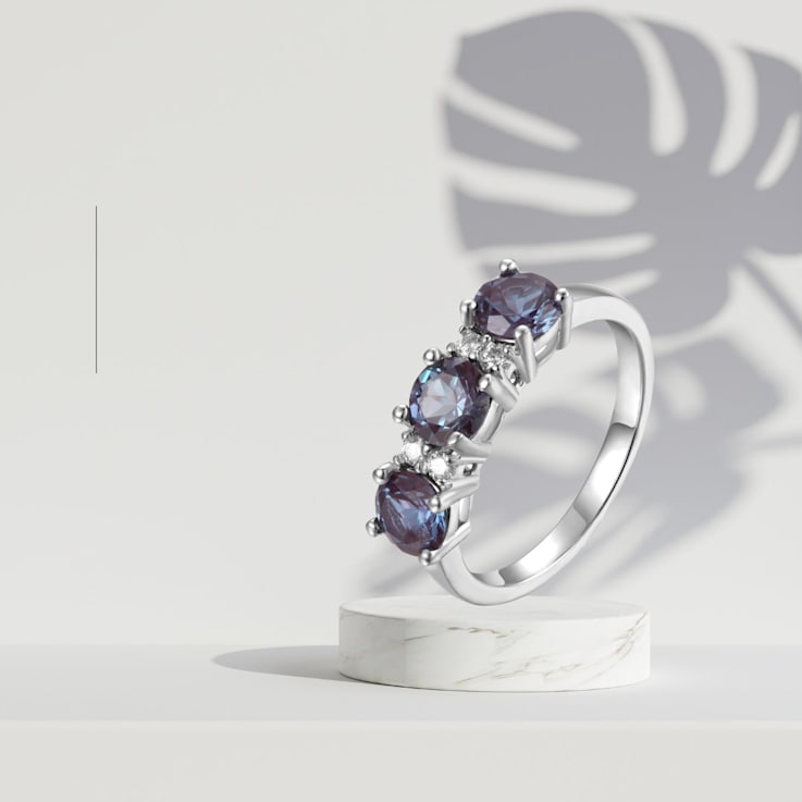 Lab Created Alexandrite and Moissanite Sterling Silver 3-Stone Ring