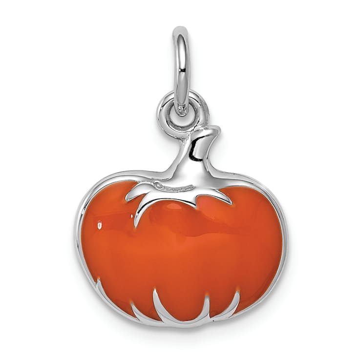 Rhodium Over Sterling Silver Orange Enameled Pumpkin Charm