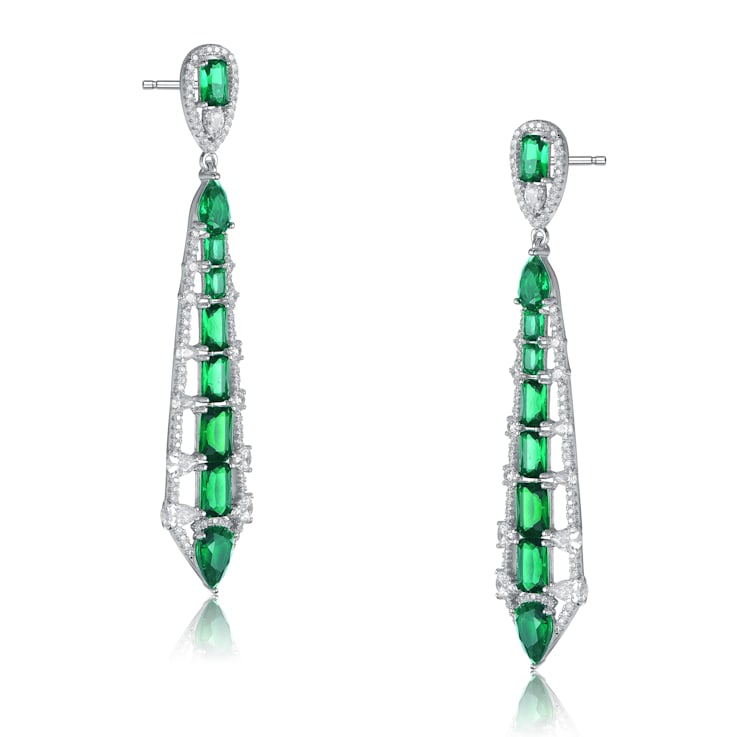 Green Cubic Zirconia, Rhodium Over Sterling Silver Ladder Style Dangle Earrings