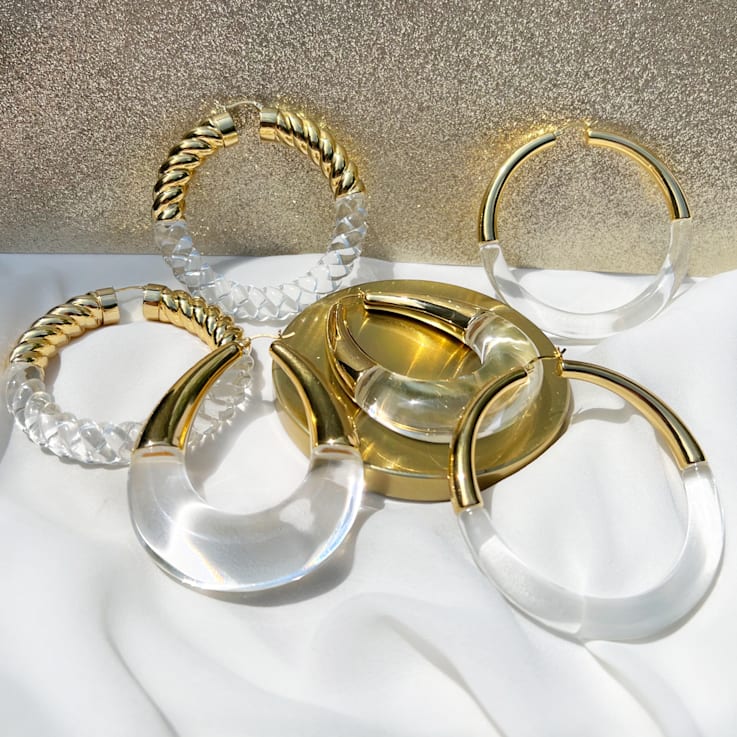 14K Yellow Gold Over Brass Acrylic XL Clear Chunky Bucket Hoop Earrings