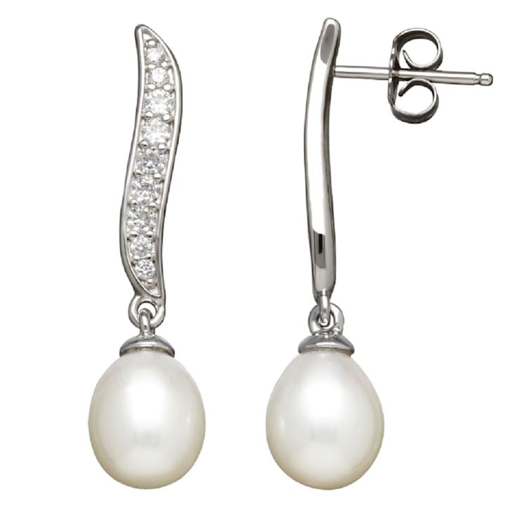 8-9mm Off-Round White Freshwater Pearl and White Sapphire Sterling
Silver Drop Earrings