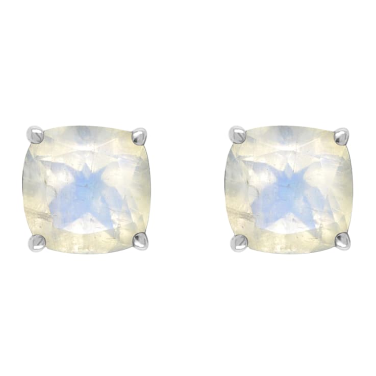 6mm Square Cushion Moonstone Rhodium Over Sterling Silver Stud Earrings