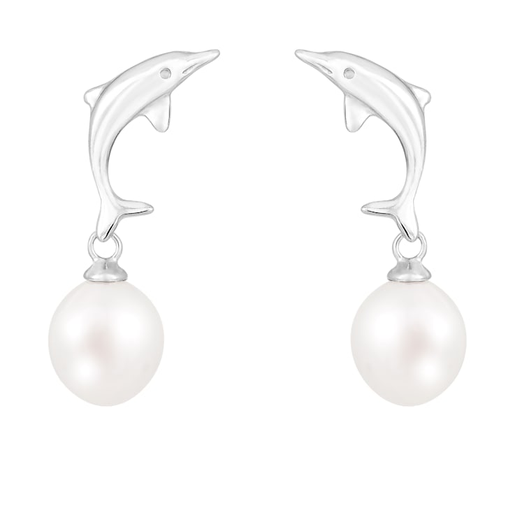 7-8mm white cultured freshwater pearl rhodium over sterling silver earrings