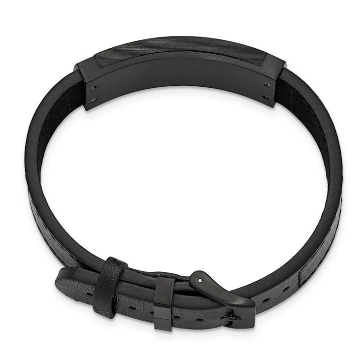Black Leather and Stainless Steel Black IP-plated Solid Carbon Fiber Bracelet