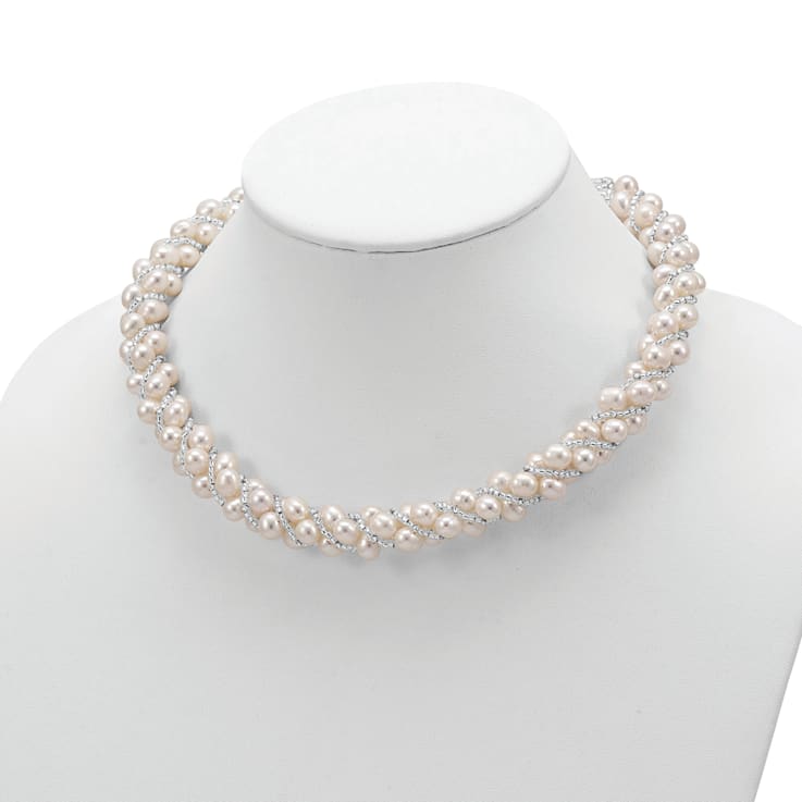 Rhodium Over Sterling Silver 6-7mm Freshwater Cultured Pearl/Glass Bead
Twisted Necklace