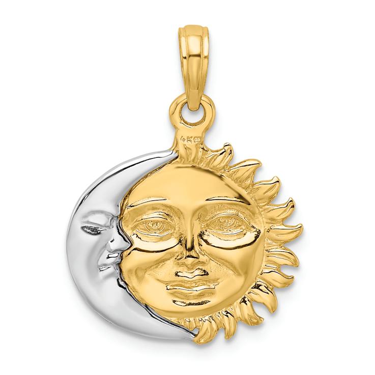 14K Two-tone Gold  3D Solid Polished, Textured and Reversible Sun and
Moon Pendant