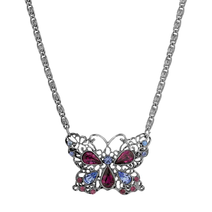 White Base Metal Purple & Lt Blue Butterfly Necklace 16" Adj.