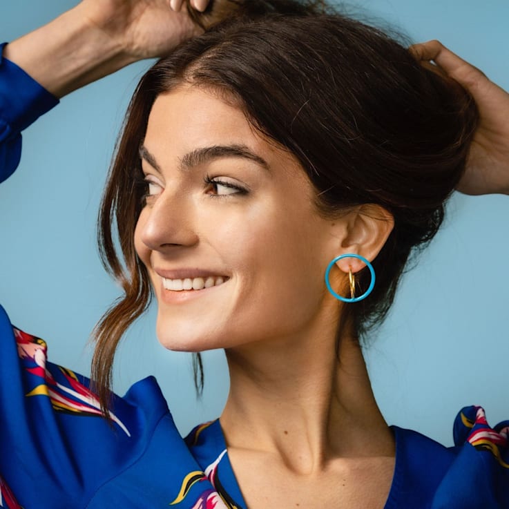 14K Yellow Gold Over Sterling Silver Floating Enamel Hoop Earrings in
Neon Green