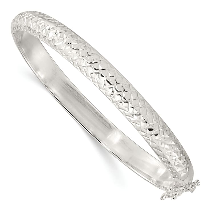 Rhodium Over Sterling Silver Polished and Diamond-cut 7.00mm Hinged Bangle
