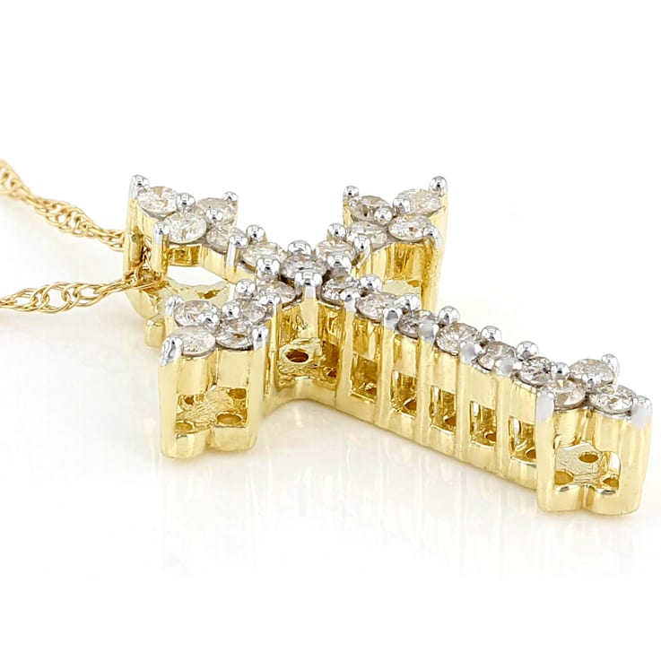 White Diamond 10k Yellow Gold Cross Pendant With 18" Rope Chain 0.25ctw