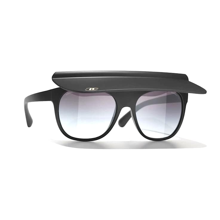 Chanel Visor Square Black Frame with Gold Logo / Gray Lenses Sunglasses