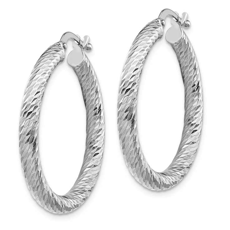 Rhodium Over 14k White Gold 1 1/8" Diamond-Cut Round Hoop Earrings