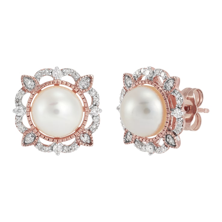 7mm Round White Freshwater Pearl and 0.18ctw Diamond 10K Rose Gold
Floral Stud Earrings