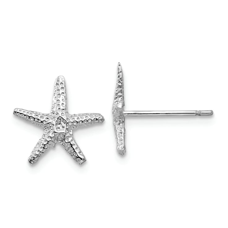 Rhodium Over 14K White Gold Textured 11mm Starfish Stud Earrings