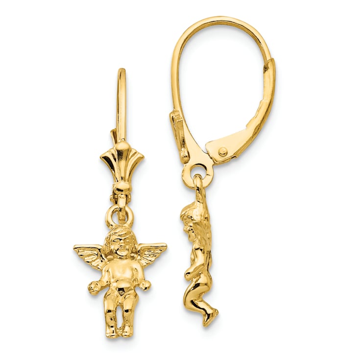 14k Yellow Gold Textured Angel Dangle Earrings