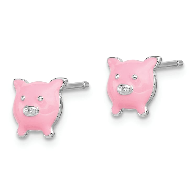Rhodium Over Sterling Silver Enamel Pig Child's Post Earrings