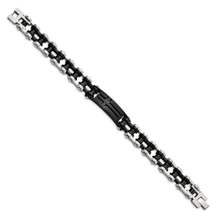 Stainless Steel Polished Black IP-plated Cross ID Bracelet