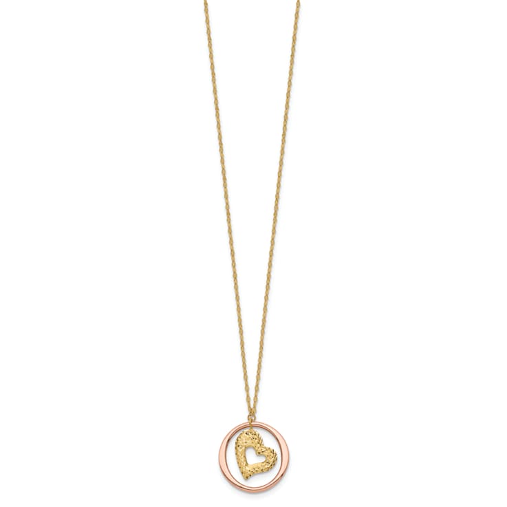 14K Two-tone Fancy Link Diamond-cut Heart in Open Circle Necklace