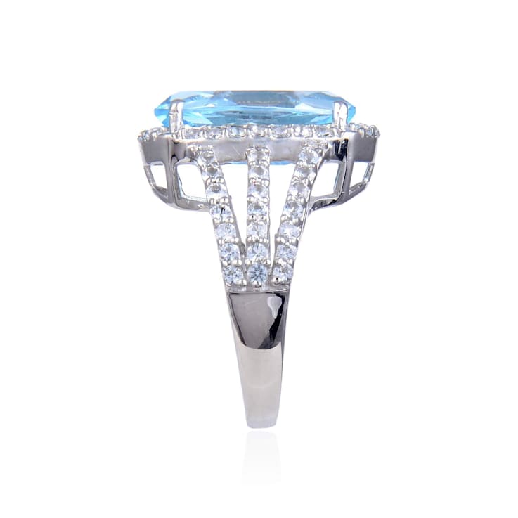Blue and White Topaz Sterling Silver Halo with Split Shank Cocktail
Ring, 9.33ctw