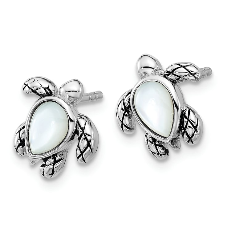 Rhodium Over Sterling Silver Antiqued Mother of Pearl June Birthstone
Turtle Earrings