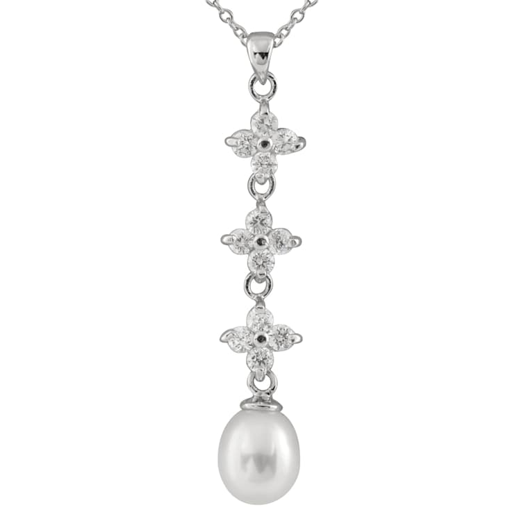 7-8mm Drop White Cultured Freshwater Pearl and CZ Rhodium Over Sterling
Silver Pendant