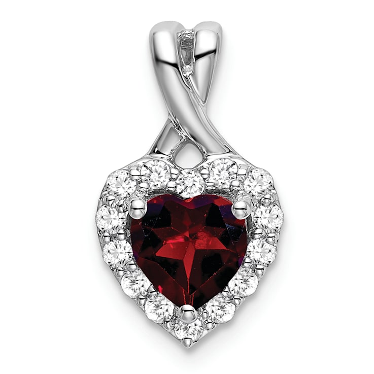 Rhodium Over 14k White Gold Garnet and Diamond Halo Heart Pendant