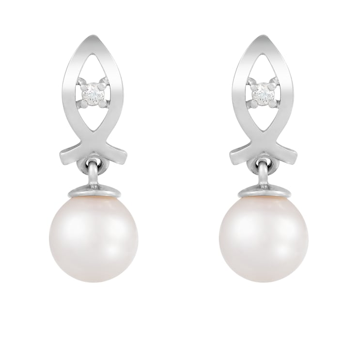 White Cultured Akoya Pearl 14k White Gold Earrings 6-6.5mm