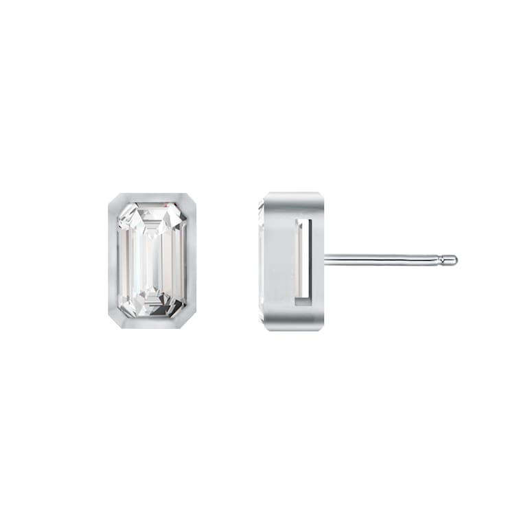 Baguette CZ Stud Earrings In White Rhodium Over Brass