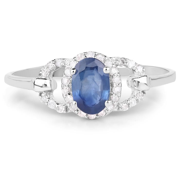 Natural Blue Sapphire and White Diamond 10K White Gold Halo Style Ring
Gift For Women