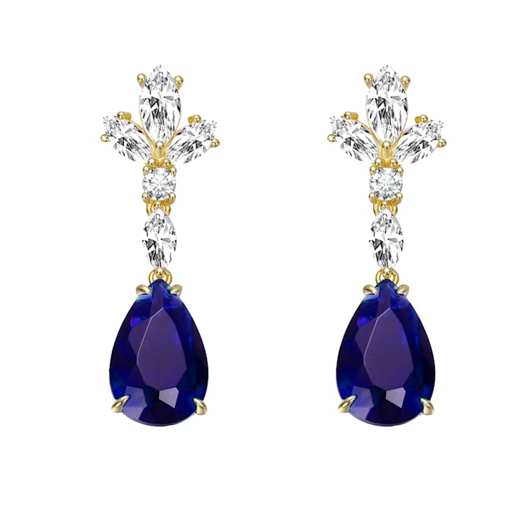 Sapphire Color CZ Cluster Drop Earrings In 14K Gold Over Sterling Silver