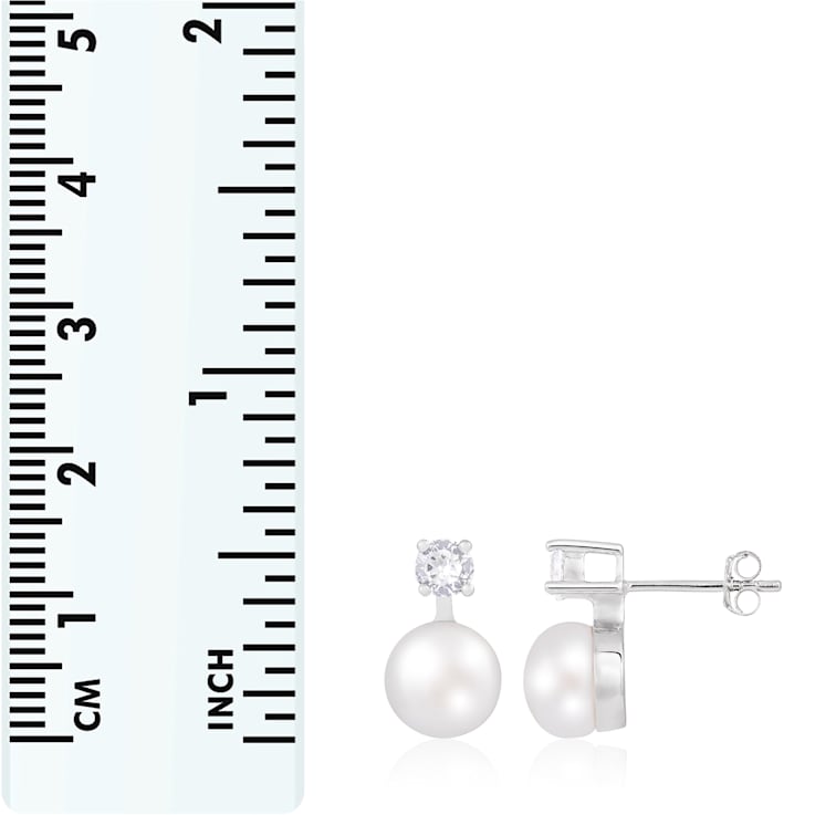 7½-8mm White Cultured Freshwater Pearl and Cubic Zirconia Rhodium Over
Sterling Silver Earrings