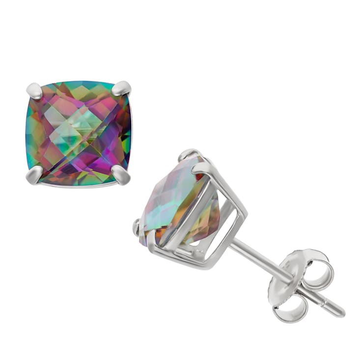 Square Cushion Mystic Fire Green Topaz Sterling Silver Stud Earrings 4.10ctw