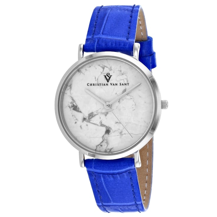 Christian Van Sant Women's Lotus White Dial, Blue Leather Strap Watch