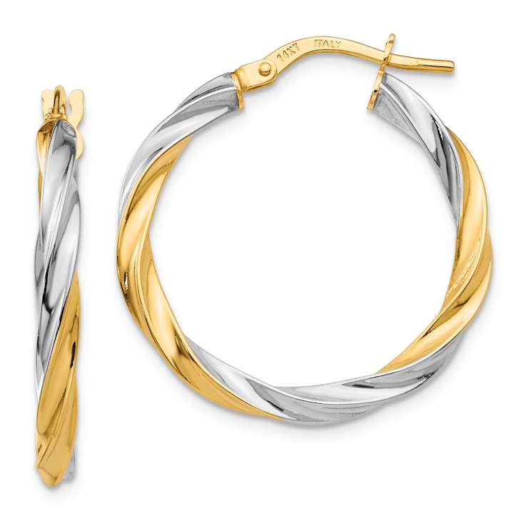 14k Yellow Gold and Rhodium Over 14k Yellow Gold 1" Twisted Hoop Earrings