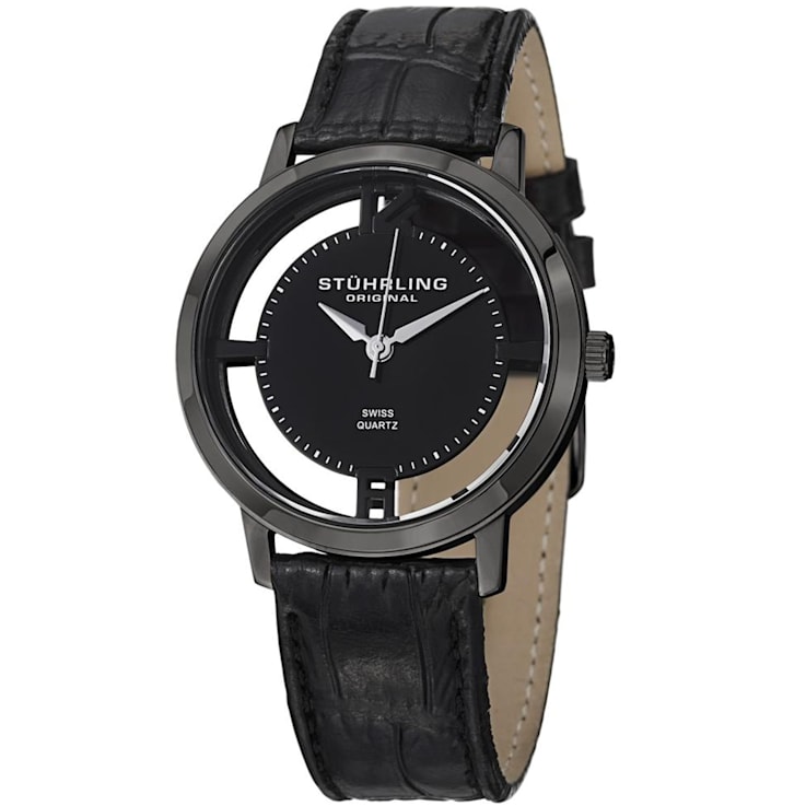 Stuhrling Men s Symphony Black Dial and Bezel Black Leather Strap Watch 1DQ24A
