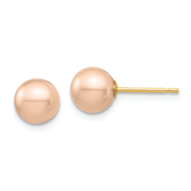 14k Yellow Gold 6.28mm Pink Round Freshwater Cultured Pearl Stud Earrings