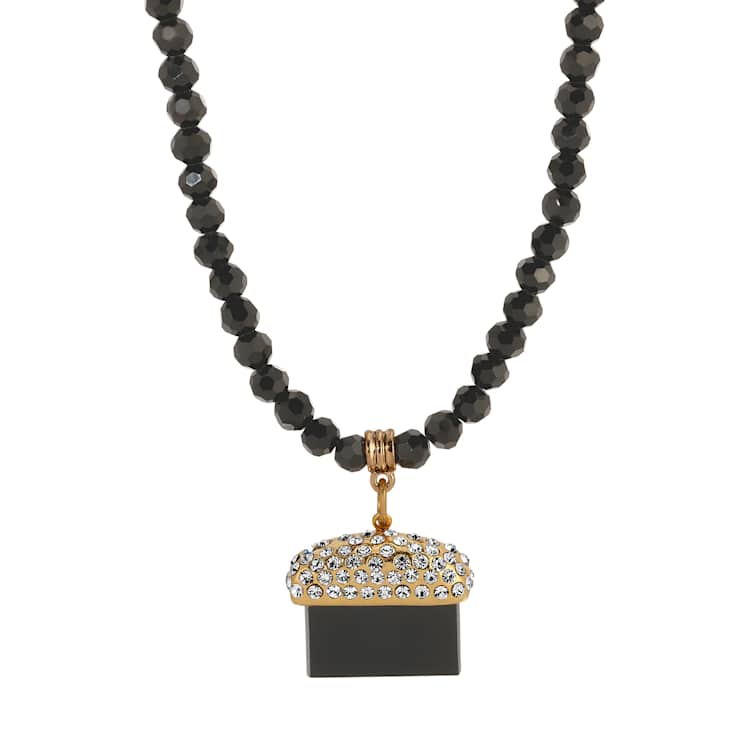 Yellow Base Metal Black Glass Bead Semi Precious Onyx Stone Necklace
15" Adj.