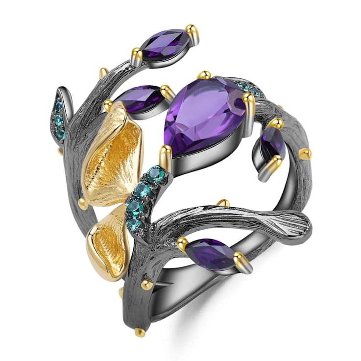 Amethyst and Green Nanocrystal 14K Gold Over and Black Rhodium Over
Sterling Silver Ring