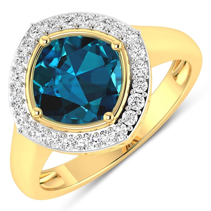 Cushion Cut London Blue Topaz and White Diamond 14K Yellow Gold Halo
Ring 2.39 ctw