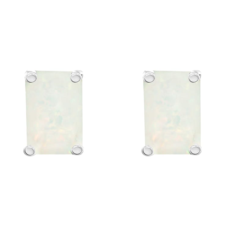 6x4mm Emerald Cut Opal 14k White Gold Stud Earrings