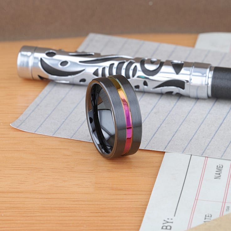 AZURE Flat Black Ceramic Ring Brushed with Rainbow Groove 8mm