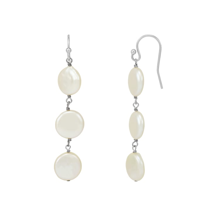 9-11mm Coin Shape White Freshwater Pearl Sterling Silver Dangle Earrings