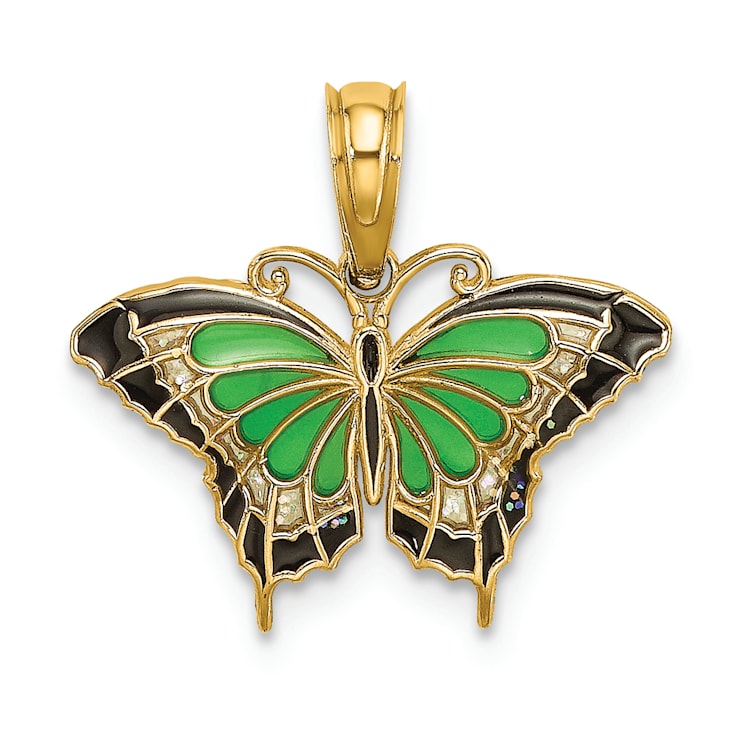 14k Yellow Gold Small Green Enameled Butterfly Pendant