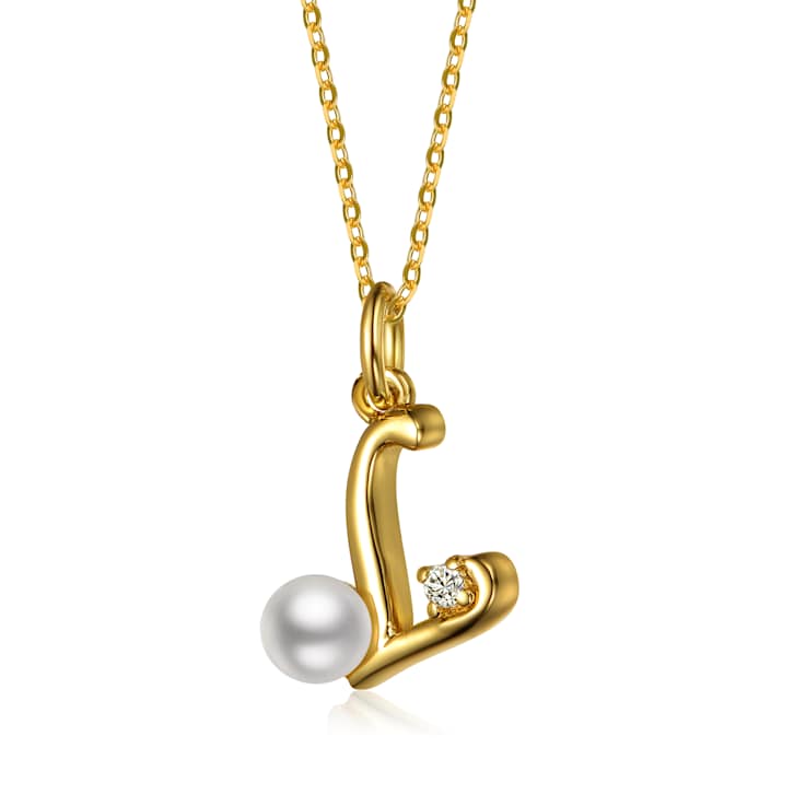 Initial L Pear Shape CZ And Pearl Pendant Necklace In 14K Gold Over Brass