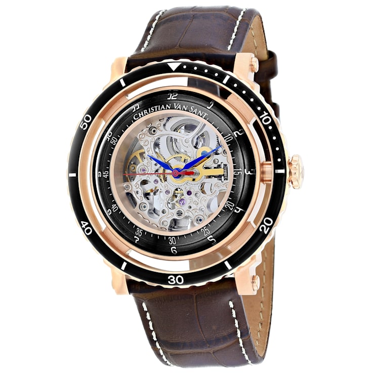 Christian Van Sant Men's Dome White Skeleton Dial, Brown Leather Strap Watch