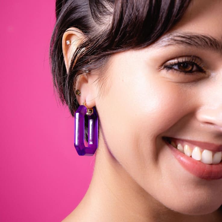 14K Yellow Gold Over Sterling Silver Acrylic Hoops in Purple